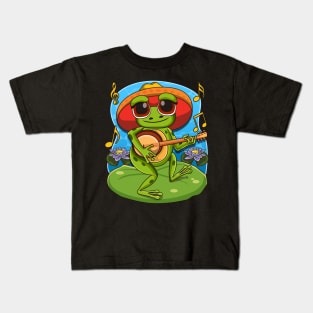 Frog Playing Banjo on Mushroom Cute Cottagecore Aesthetic Kids T-Shirt